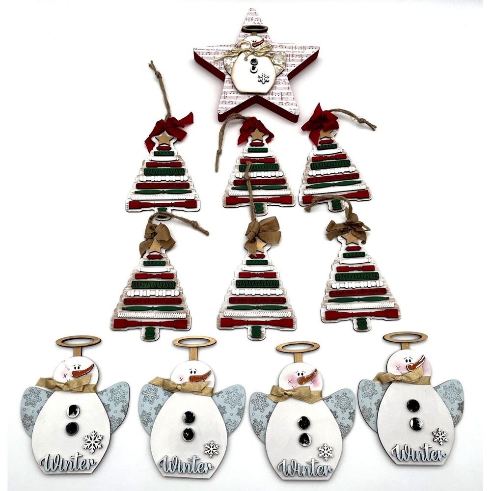 Lot of 11 Wooden Christmas Ornaments‎ Tree Snowman Star Rustic Farmhouse Decor